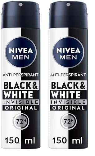 NIVEA MEN Black & White Original Anti-Perspirant (150 ml), 72hr Anti-Sweat Deodorant for Men, No Stains on Black and White Clothes (Pack of 2)