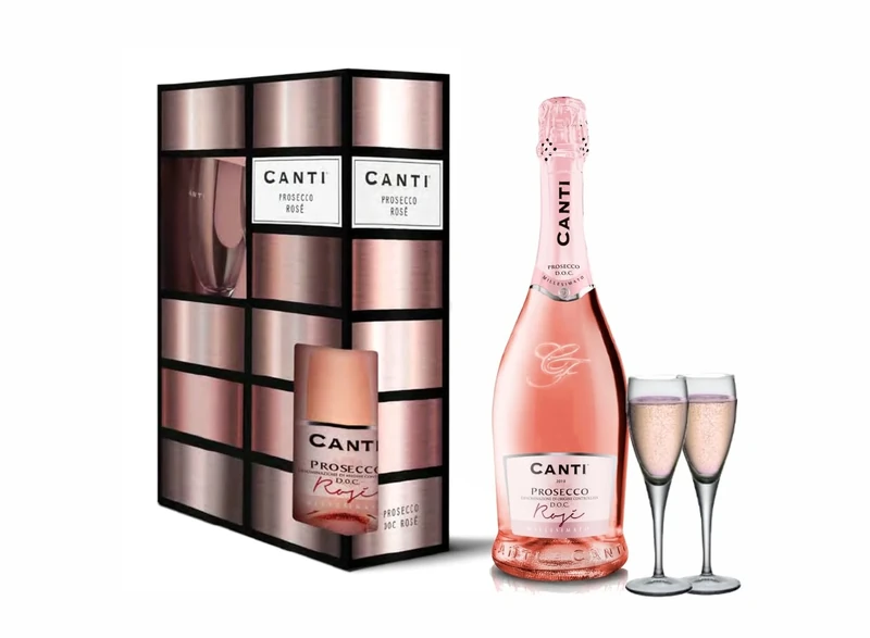 Canti - Prosecco D.O.C. Millesimato, Rose Sparkling Extra Dry, Wine Gift Pack with 2 Glasses, Italian Glera and Pinot Noir Grape Varieties from Veneto, Fresh and Sweet Taste, 1x750 ml