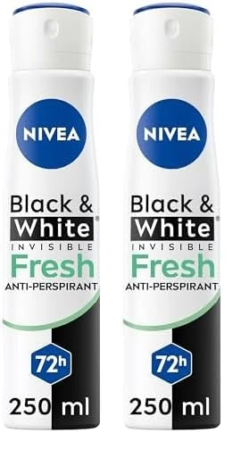NIVEA Black & White Fresh Anti-Perspirant Spray (250ml), 72hr Anti-Sweat Women's Deodorant Spray, No Stains on Black and White Clothes (Pack of 2)