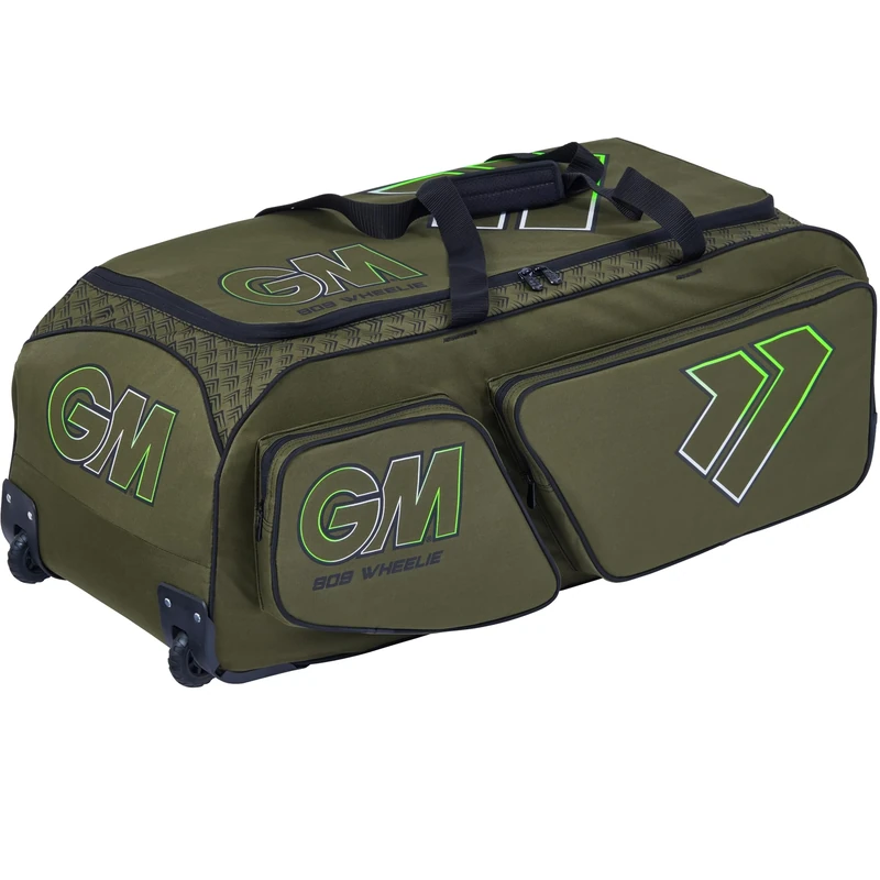 Gunn & Moore GM | Cricket Bag Holdall | 909 Wheelie | All-Terrain Wheels | Two Side Pockets | Large Volume - 107 litres | Tough 600 Denier Polyester | Khaki Apollo Green