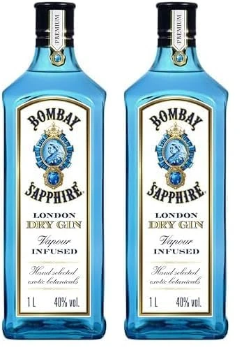 Bombay Sapphire London Dry Gin, 40% vol., 100 cl / 1L, 100% Vapour Infused Spirit with 10 Hand-Selected Botanicals (Pack of 2)