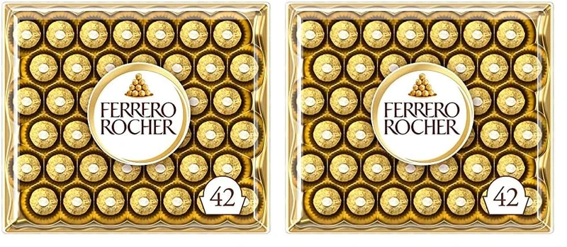 Ferrero Rocher Pralines, Chocolate Gift, Christmas Chocolate, Large Chocolate Box Covered in Milk Chocolate and Nuts, Box of 42 (525g) (Pack of 2)
