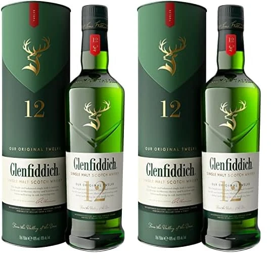 Glenfiddich 12 Year Old Single Malt Scotch Whisky, 70cl (Pack of 2)