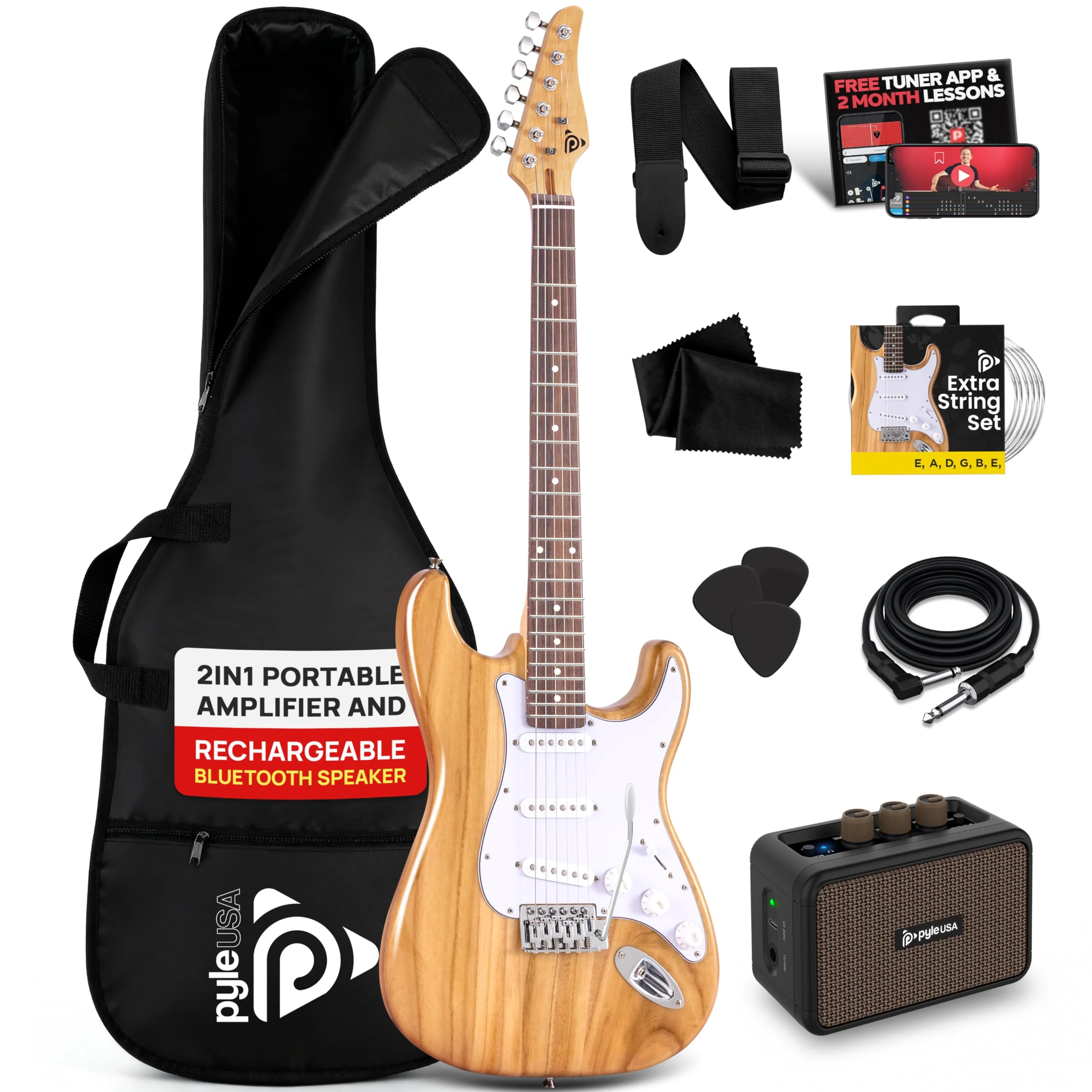 Pyle Full Size Electric Guitar Kit 97cm, 22 Fret Beginner Guitars Bundle 5W Amp, With Gig Bag, Picks, Spare Strings, Strap, and ST-Style Paulownia Body, Right Hand, Natural