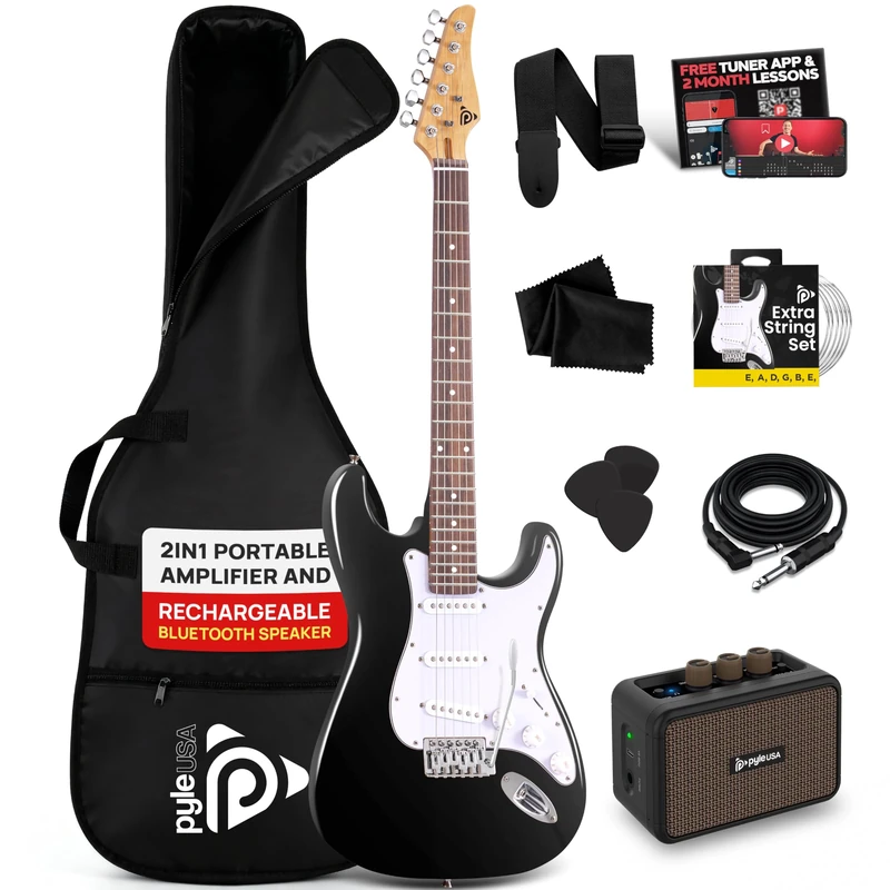 Pyle Full Size Electric Guitar Kit 97cm, 22 Fret Beginner Guitars Bundle 5W Amp, With Gig Bag, Picks, Spare Strings, Strap, and ST-Style Paulownia Body, Right Hand, Black