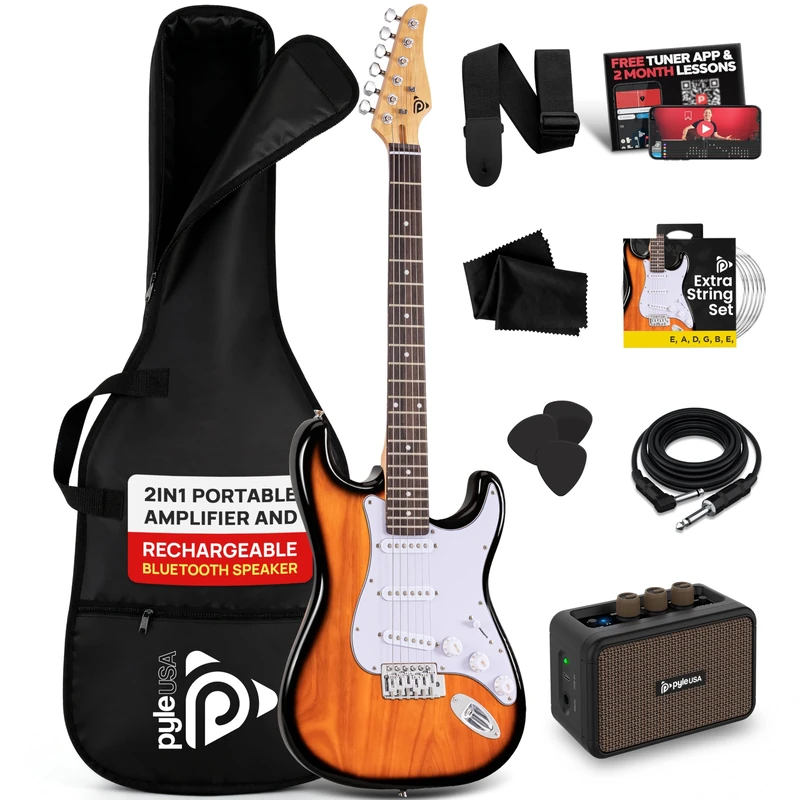 Pyle Full Size Electric Guitar Kit 100cm, 22 Fret Beginner Guitars Bundle 5W Amp, With Gig Bag, Picks, Spare Strings, Strap, and ST-Style Paulownia Body, Right Hand, Sunburst