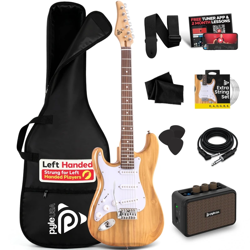 Pyle Full Size Electric Guitar Kit 97cm, 22 Fret Beginner Guitars Bundle 5W Amp, With Gig Bag, Picks, Spare Strings, Strap, and ST-Style Paulownia Body, Right Hand, Natural Left