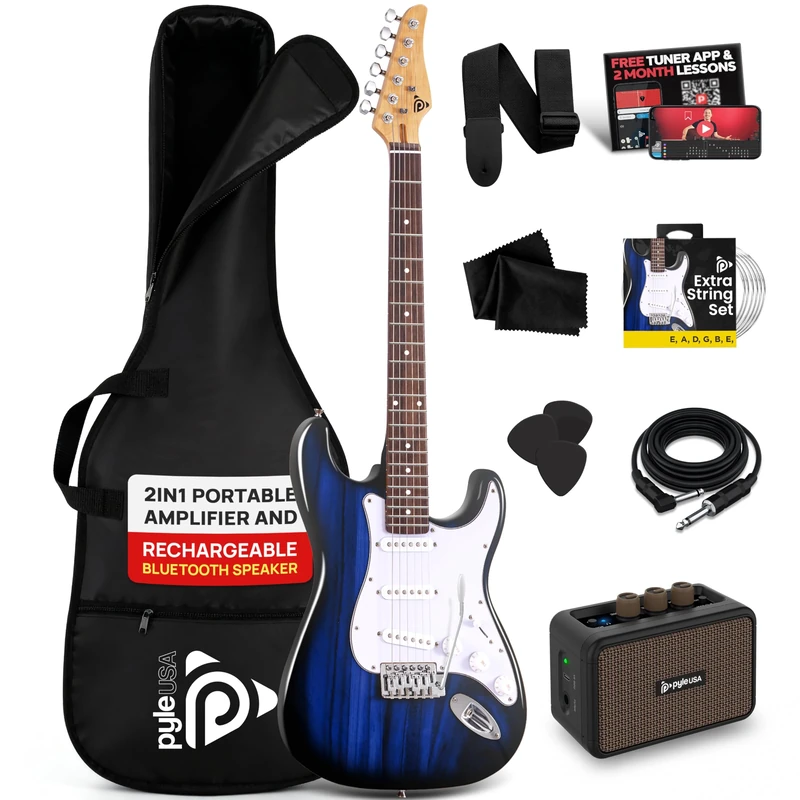 Pyle Full Size Electric Guitar Kit 97cm, 22 Fret Beginner Guitars Bundle 5W Amp, With Gig Bag, Picks, Spare Strings, Strap, and ST-Style Paulownia Body, Right Hand, Blue