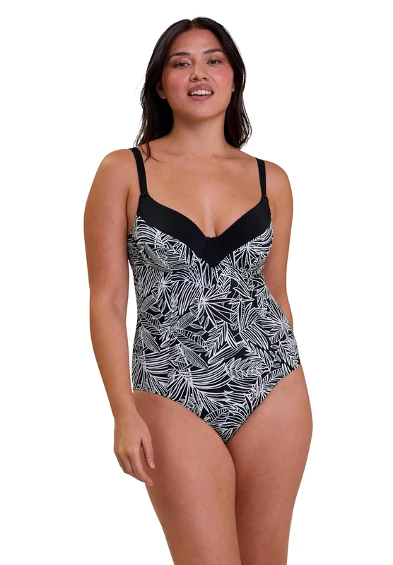 Sans Complexe -Seychelles Black Underwired Swimming Pool Swimsuit, Graphic Palm Tree Print, 36E - Image 1