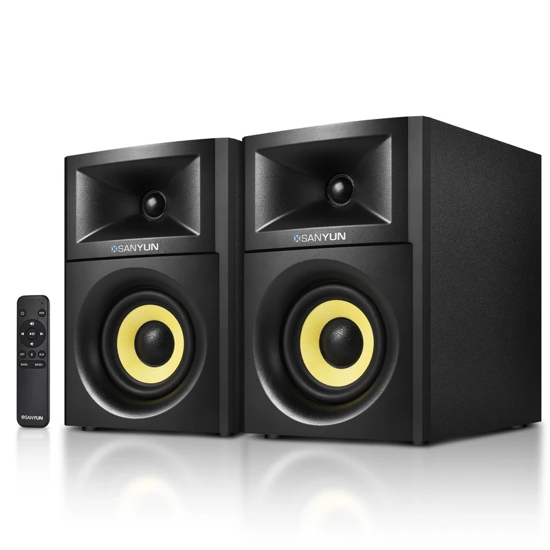 Sanyun SW205 4" Bookshelf Speakers | Immersive HiFi Audio with Virtual Surround | Flagship DAC/DSP Engine | Geometric Diffusion Cabinet | 80W, Bluetooth 5.4/Optical/AUX Inputs, Wireless Remote, Black