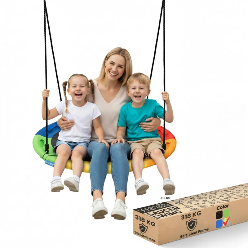 SereneLife Tree Swing Seat, Large Round Saucer Kids Swings, Adults and Kids Nest Swing, Durable Frame, 318kg Capacity, Indoor Outdoor Hanging Rope Swinging Seat for Backyard, Garden and More – Rainbow