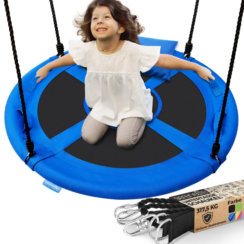 SereneLife Tree Swing Seat, Large Round Saucer Kids Swings, Adults and Kids Nest Swing, Durable Frame, 318kg Capacity, Indoor Outdoor Hanging Rope Swinging Seat for Backyard, Garden and More – Blue