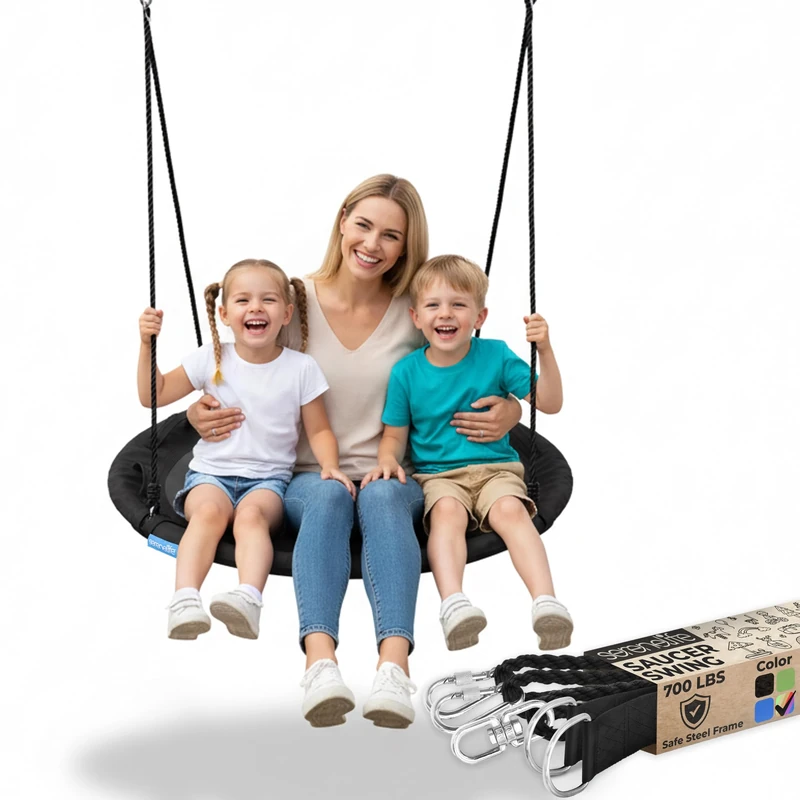 SereneLife Tree Swing Seat, Large Round Saucer Kids Swings, Adults and Kids Nest Swing, Durable Frame, 318kg Capacity, Indoor Outdoor Hanging Rope Swinging Seat for Backyard, Garden and More – Black