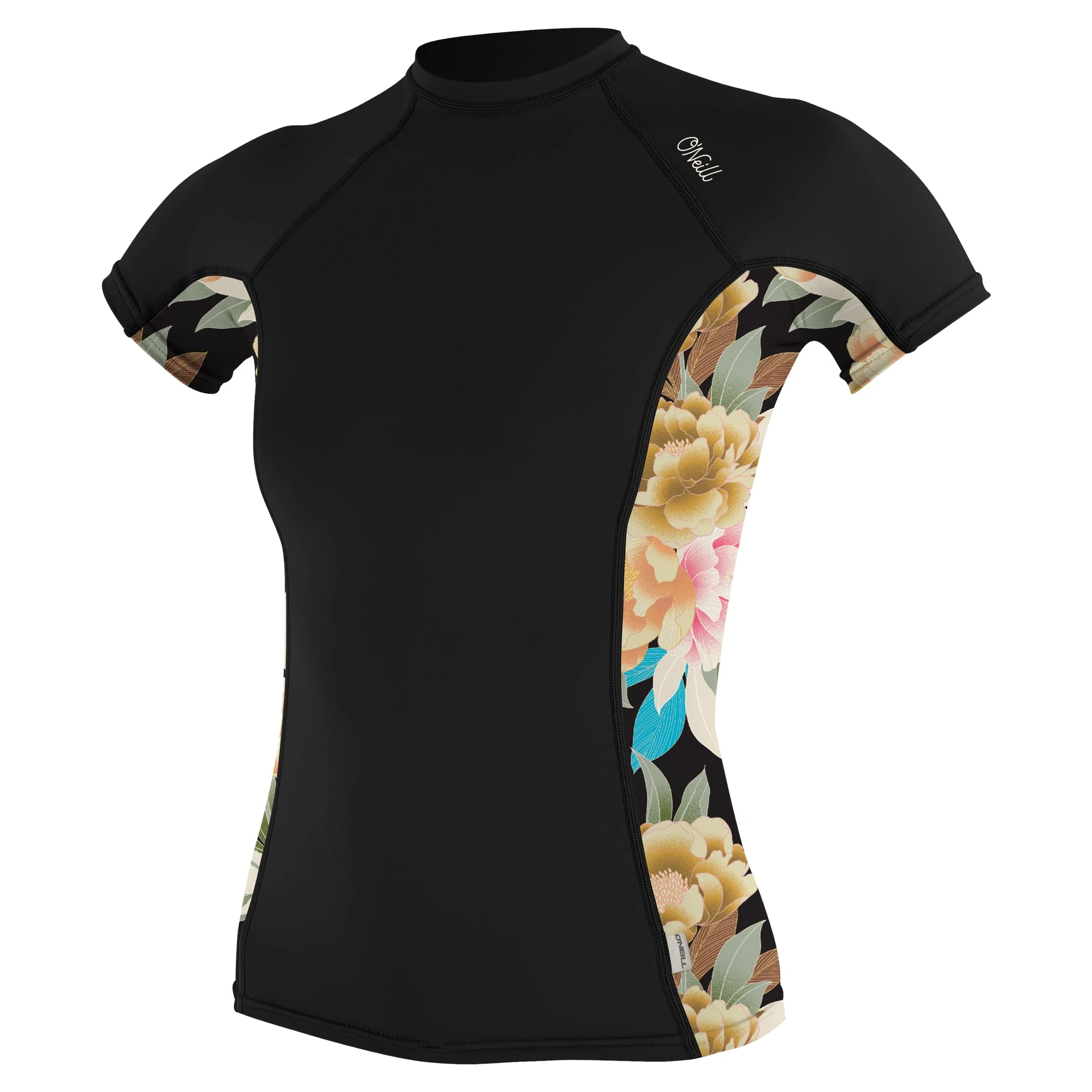 O'NEILL Women's Side Print Short Sleeve Rash Guard Shirt, Black/Mikah Floral, Medium