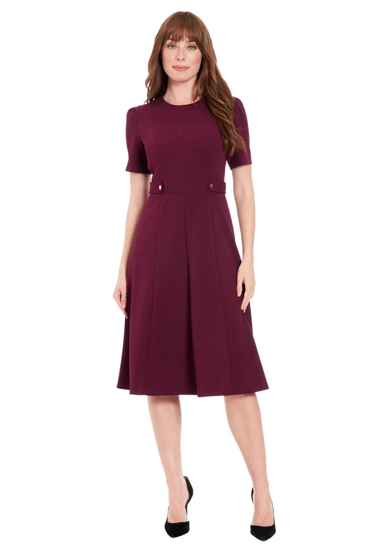 London Times Women's Short Sleeve Crepe Fit and Flare Midi with Waist Button Detail, Mulberry, 12 - Image 1