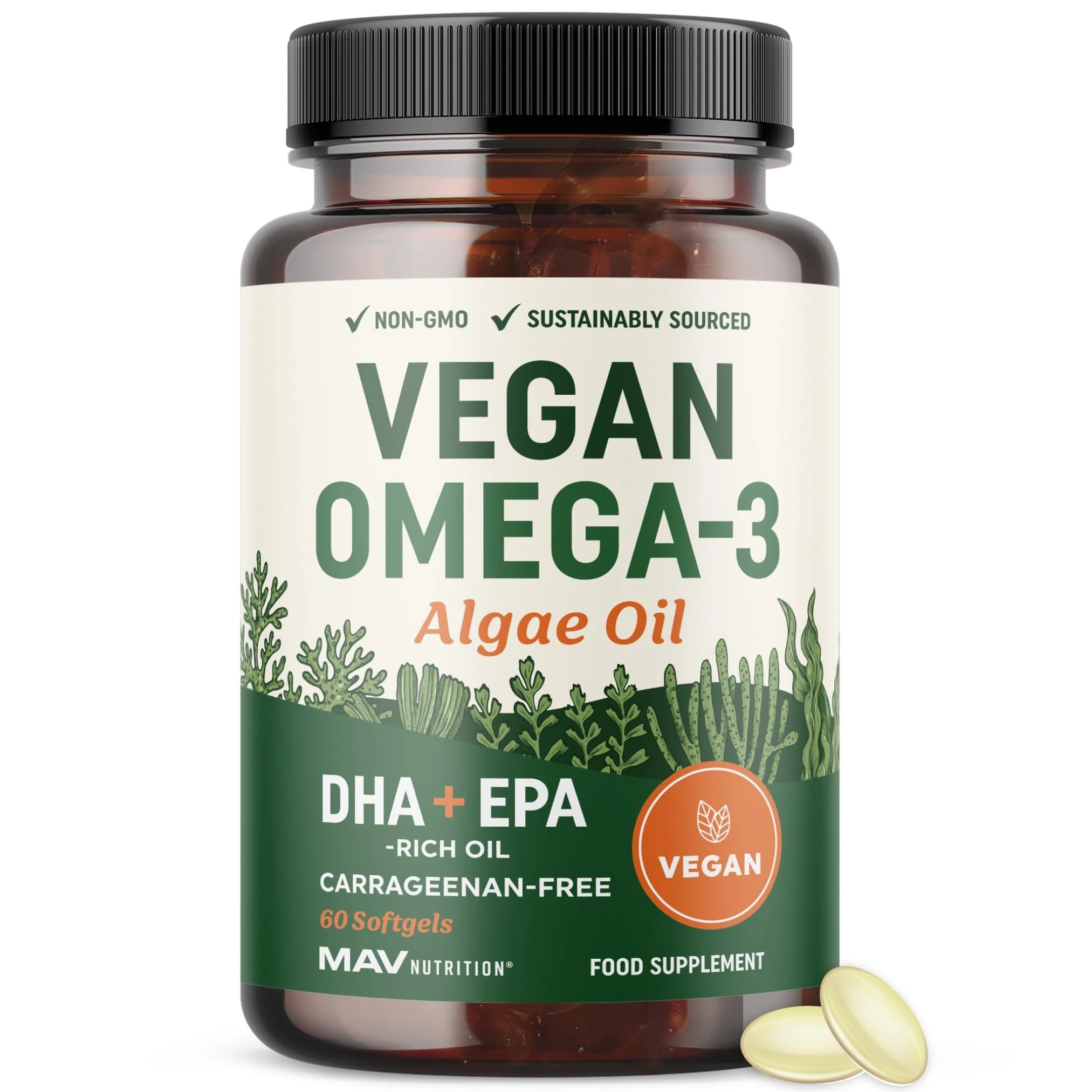 Vegan Omega 3 Algae Oil | Plant Based DHA EPA | Sustainably Sourced, No Carrageenan, Non GMO | Heart, Brain, and Eye Health | Fish Oil Alternative | Algae Omega 3 Supplement | 60 Softgel Capsules