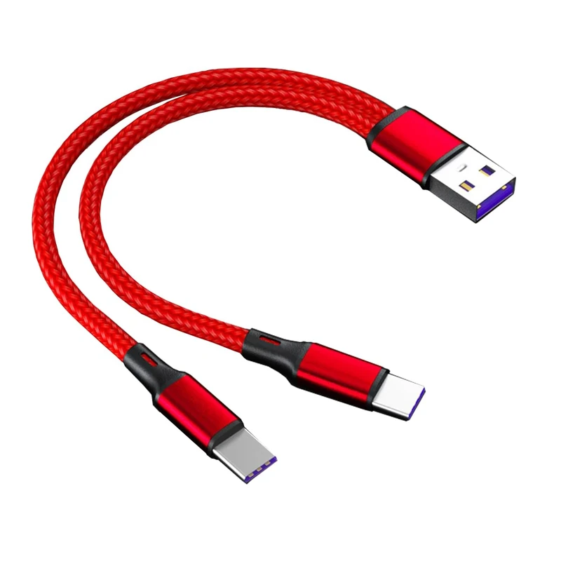 CHXINGCHEN 2 in 1 USB C Splitter Cable, 5A USB A Male to 2 Type-C Male Nylon Braided Fast Charging Cable Compatible with Type-C devices (Red, 20CM)