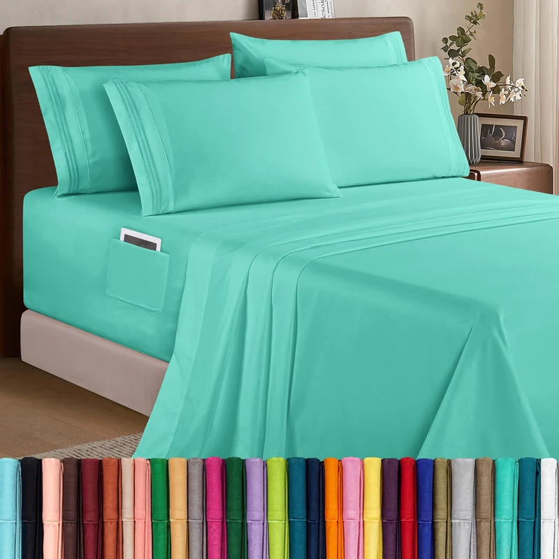 Elegant Comfort 1500 Premium Quality 6-Piece Bed Sheet Set - 18-24 Inch Extra Deep Pocket, Smart Storage Pockets, Wrinkle Free Ultra Soft 6PC Extra Deep Pocket Sheets, California King, Paradise Teal