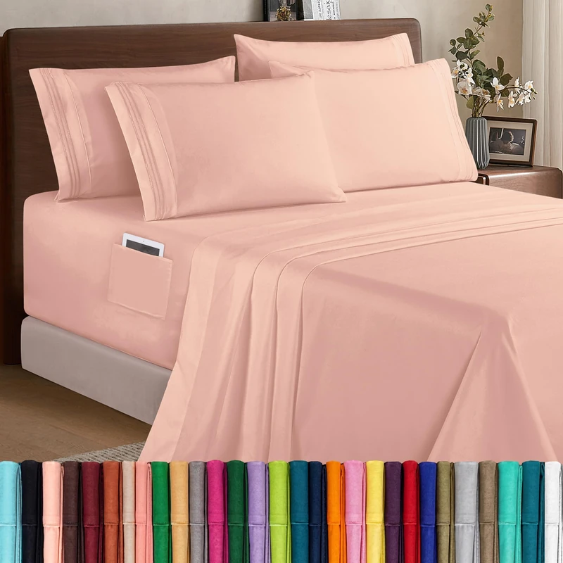 Elegant Comfort 1500 Premium Quality 6-Piece Bed Sheet Set - 18-24 Inch Extra Deep Pocket, Smart Storage Pockets, Wrinkle Free Ultra Soft 6PC Extra Deep Pocket Sheets, King, Blush Pink