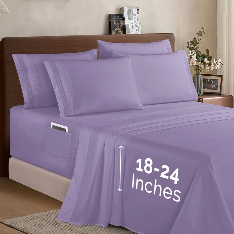 Elegant Comfort 1500 Premium Quality 6-Piece Bed Sheet Set - 18-24 Inch Extra Deep Pocket, Smart Storage Pockets, Wrinkle Free Ultra Soft 6PC Extra Deep Pocket Sheets, Queen, Lavender