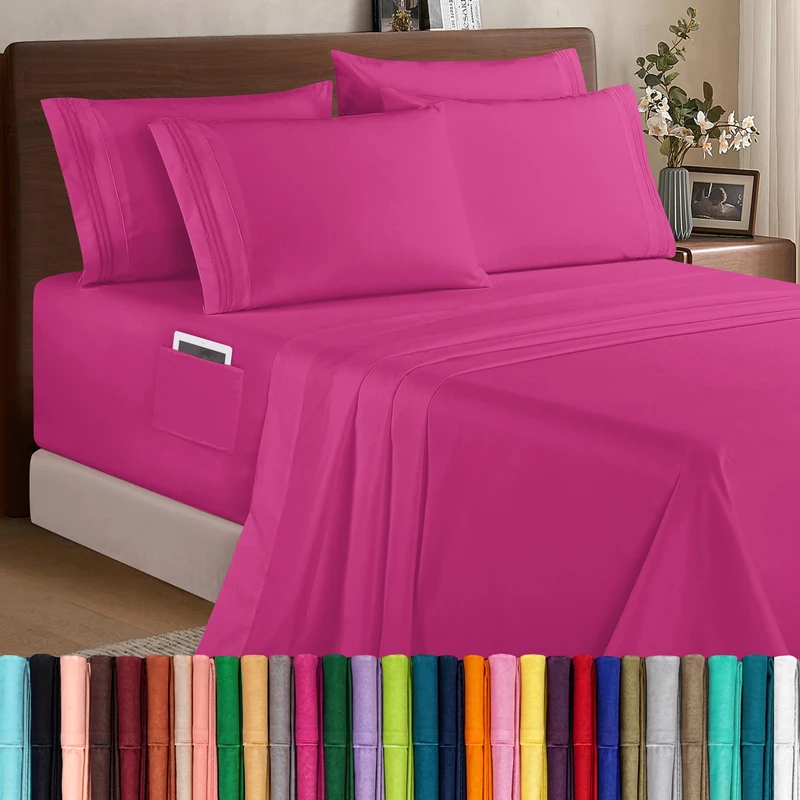 Elegant Comfort 1500 Premium Quality 6-Piece Bed Sheet Set - 18-24 Inch Extra Deep Pocket, Smart Storage Pockets, Wrinkle Free Ultra Soft 6PC Extra Deep Pocket Sheets, California King, Pink