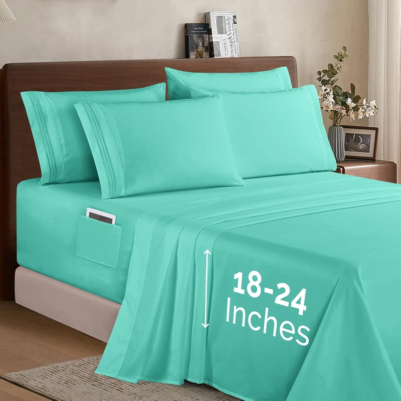 Elegant Comfort 1500 Premium Quality 6-Piece Bed Sheet Set - 18-24 Inch Extra Deep Pocket, Smart Storage Pockets, Wrinkle Free Ultra Soft 6PC Extra Deep Pocket Sheets, Queen, Paradise Teal