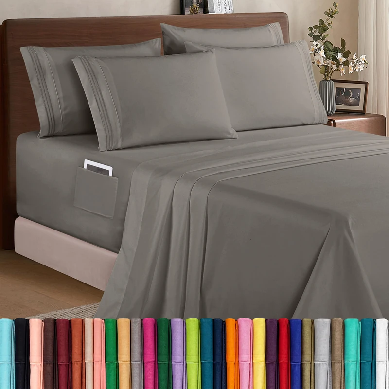 Elegant Comfort 1500 Premium Quality 4-Piece Bed Sheet Set - 18-24 Inch Extra Deep Pocket, Smart Storage Pockets, Wrinkle Free Ultra Soft 4PC Extra Deep Pocket Sheets, Twin/Twin XL, Gray