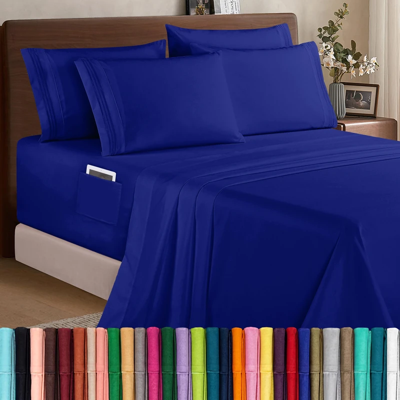 Elegant Comfort 1500 Premium Quality 6-Piece Bed Sheet Set - 18-24 Inch Extra Deep Pocket, Smart Storage Pockets, Wrinkle Free Ultra Soft 6PC Extra Deep Pocket Sheets, Queen, Royal Blue