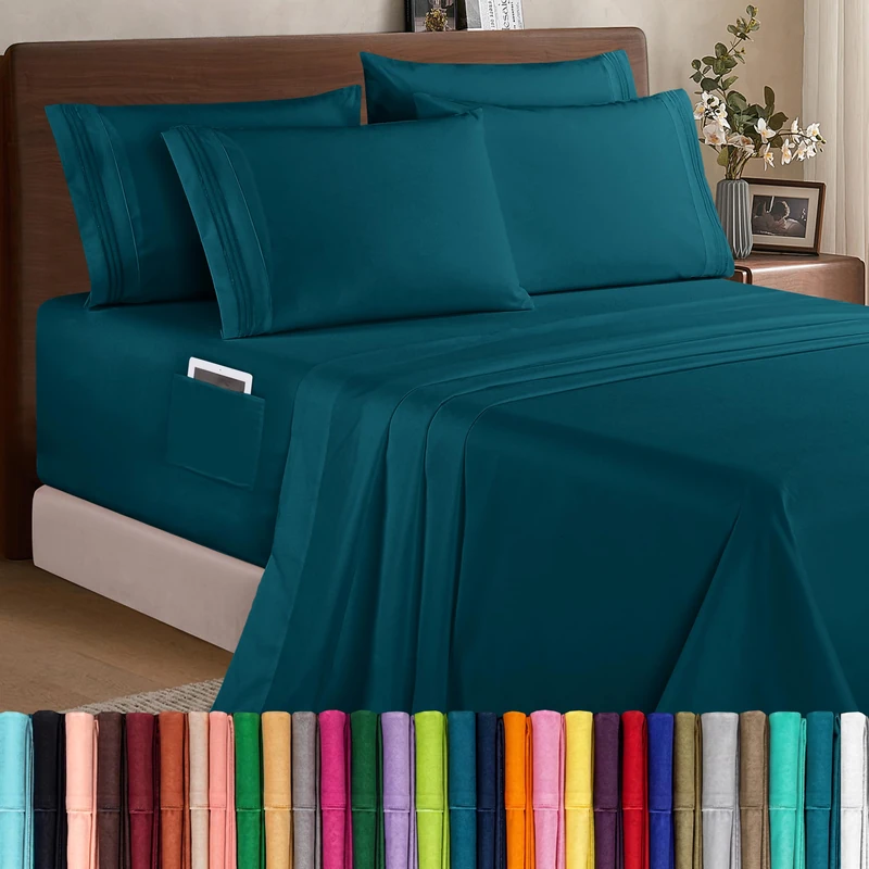 Elegant Comfort 1500 Premium Quality 6-Piece Bed Sheet Set - 18-24 Inch Extra Deep Pocket, Smart Storage Pockets, Wrinkle Free Ultra Soft 6PC Extra Deep Pocket Sheets, California King, Marine Teal
