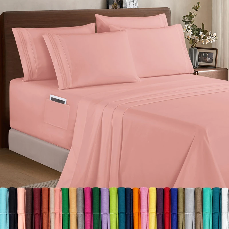 Elegant Comfort 1500 Premium Quality 6-Piece Bed Sheet Set - 18-24 Inch Extra Deep Pocket, Smart Storage Pockets, Wrinkle Free Ultra Soft 6PC Extra Deep Pocket Sheets, Queen, Dusty Rose