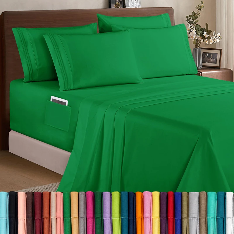 Elegant Comfort 1500 Premium Quality 6-Piece Bed Sheet Set - 18-24 Inch Extra Deep Pocket, Smart Storage Pockets, Wrinkle Free Ultra Soft 6PC Extra Deep Pocket Sheets, Queen, Emerald Green