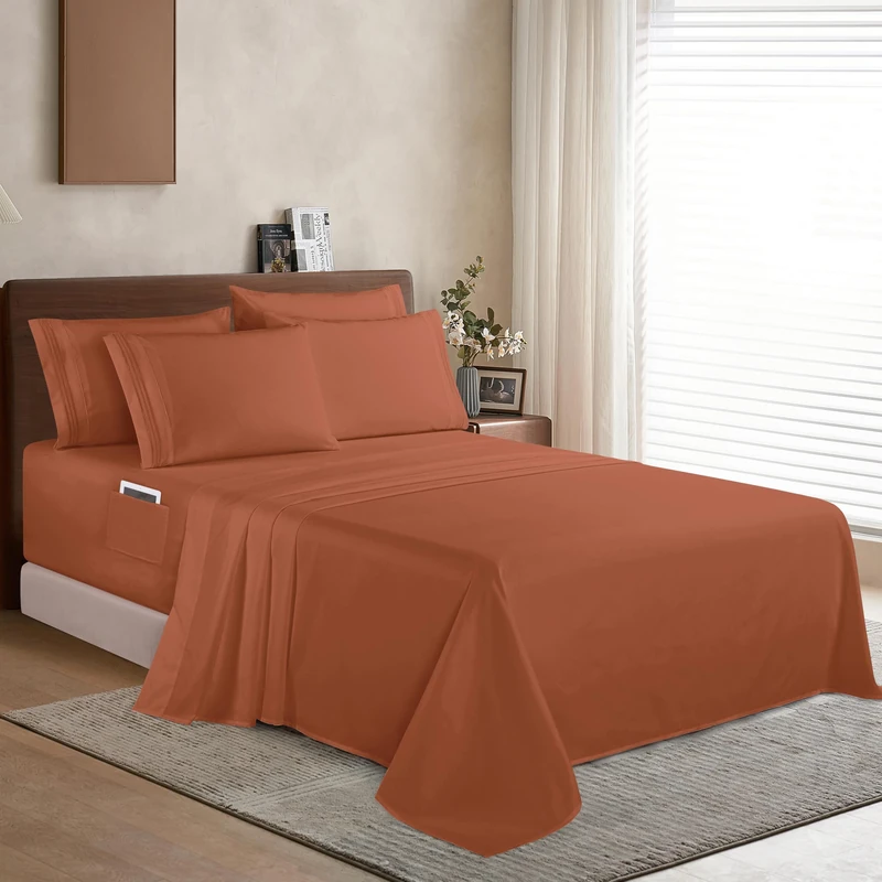 Elegant Comfort 1500 Premium Quality 6-Piece Bed Sheet Set - 18-24 Inch Extra Deep Pocket, Smart Storage Pockets, Wrinkle Free Ultra Soft 6PC Extra Deep Pocket Sheets, California King, Coral