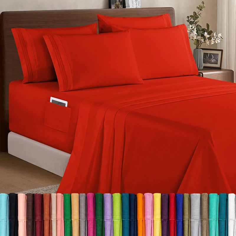 Elegant Comfort 1500 Premium Quality 6-Piece Bed Sheet Set - 18-24 Inch Extra Deep Pocket, Smart Storage Pockets, Wrinkle Free Ultra Soft 6PC Extra Deep Pocket Sheets, Queen, Red