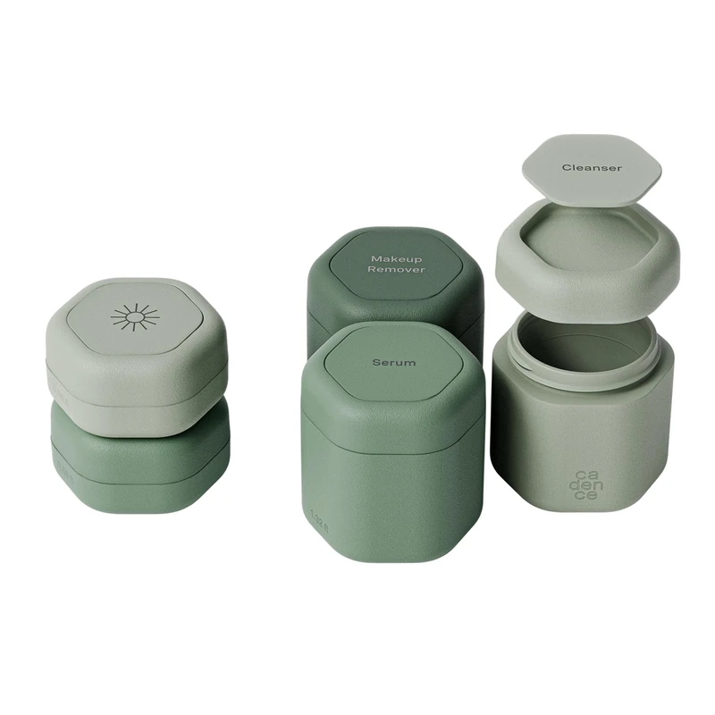 Cadence Travel Container - Core Skincare Set - Magnetic Travel Capsules - 2 Small (15.9g) and 3 Medium Capsules (37.4g) with Cleanser, Moisturizer, Serum, Makeup Remover and