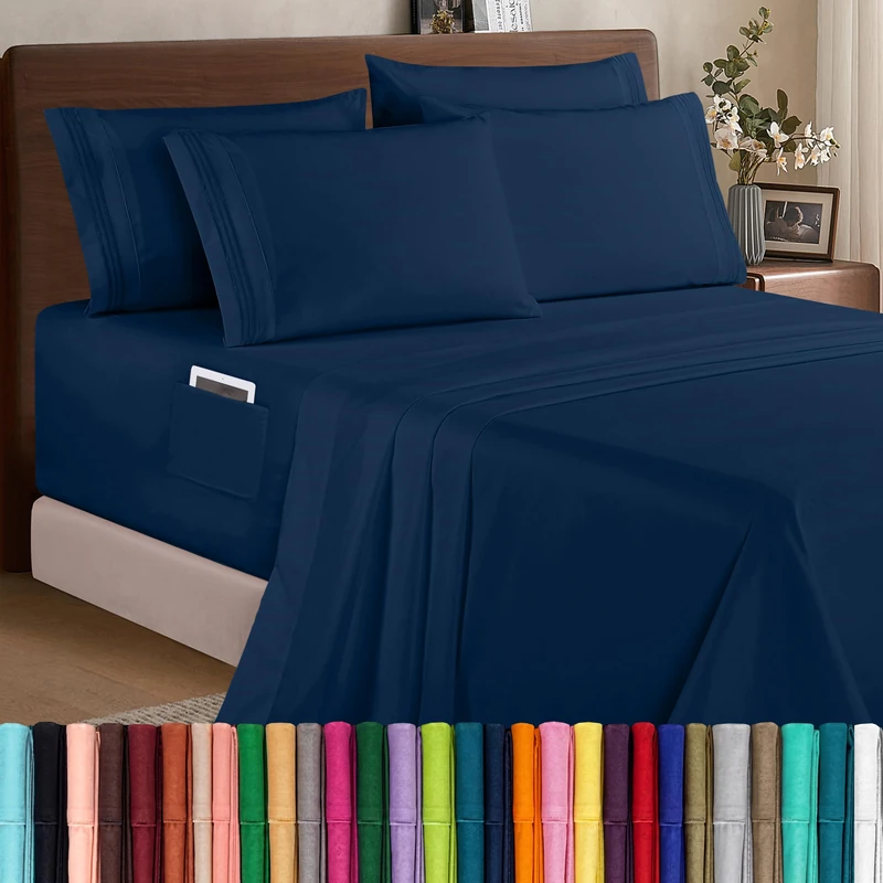 Elegant Comfort 6 Piece Bed Sheets Set Ultra Soft 1500 Thread Count Extra Deep Pocket 18-24 Inch Deep Pocket Smart Storage Pockets Wrinkle Resistant King Navy Blue