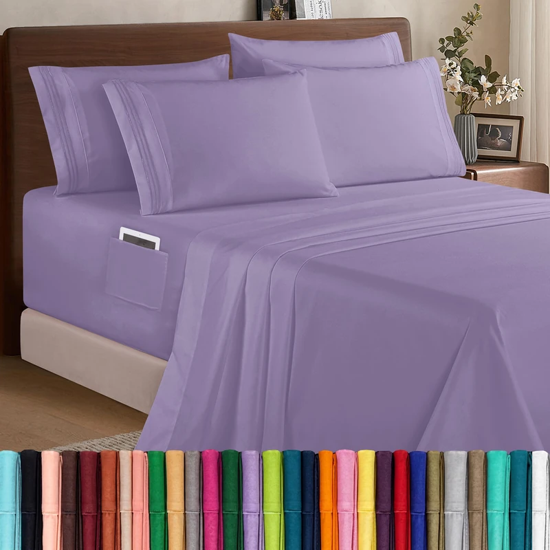 Elegant Comfort 6 Piece Bed Sheets Set Ultra Soft 1500 Thread Count Extra Deep Pocket 18-24 Inch Bed Sheets with Smart Storage Pockets, Wrinkle Resistant, California King, Lavender