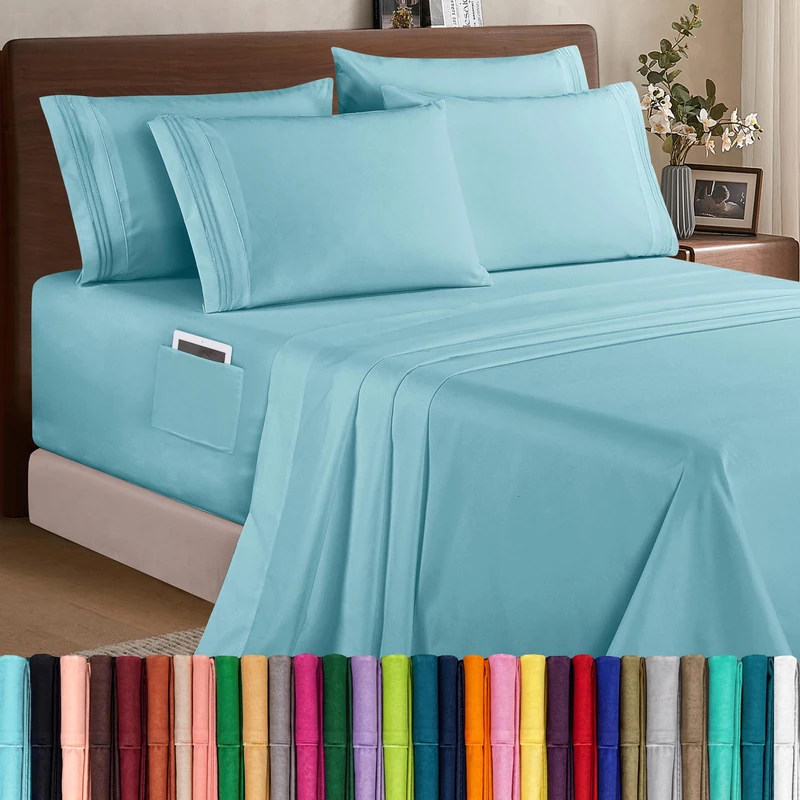 Elegant Comfort 1500 Premium Quality 6-Piece Bed Sheet Set - 18-24 Inch Extra Deep Pocket, Smart Storage Pockets, Wrinkle Free Ultra Soft 6PC Extra Deep Pocket Sheets, Queen, Aqua