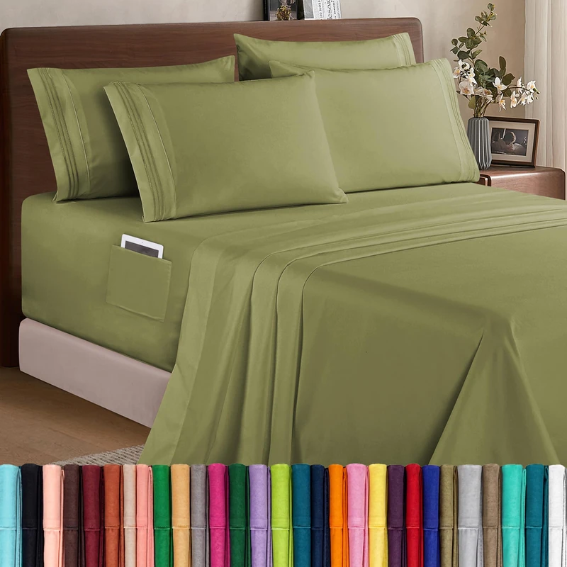 Elegant Comfort 1500 Premium Quality 6-Piece Bed Sheet Set - 18-24 Inch Extra Deep Pocket, Smart Storage Pockets, Wrinkle Free Ultra Soft 6PC Extra Deep Pocket Sheets, Queen, Green