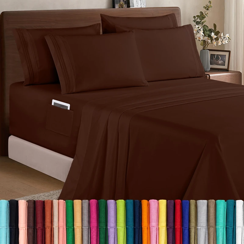Elegant Comfort 1500 Premium Quality 6-Piece Bed Sheet Set - 18-24 Inch Extra Deep Pocket, Smart Storage Pockets, Wrinkle Free Ultra Soft 6PC Extra Deep Pocket Sheets, Queen, Chocolate Brown