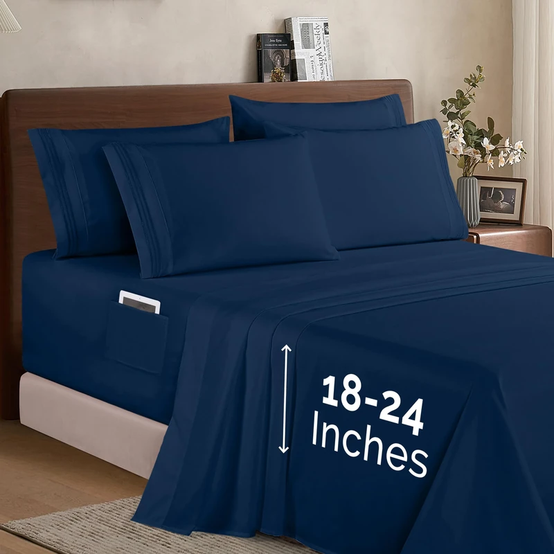 Elegant Comfort 1500 Premium Quality 6-Piece Bed Sheet Set – 18-24 Inch Extra Deep Pocket, Smart Storage Pockets, Wrinkle Free Ultra Soft 6PC Extra Deep Pocket Sheets, California King, Navy Blue