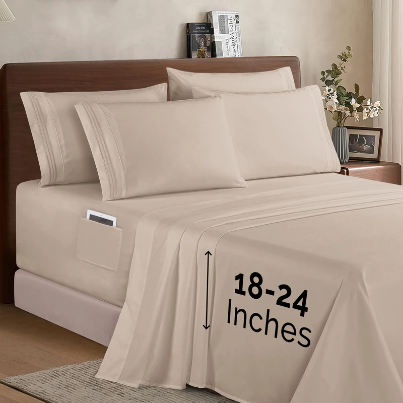 Elegant Comfort 1500 Premium Quality 6-Piece Bed Sheet Set - 18-24 Inch Extra Deep Pocket, Smart Storage Pockets, Wrinkle Free Ultra Soft 6PC Extra Deep Pocket Sheets, Queen, Cream