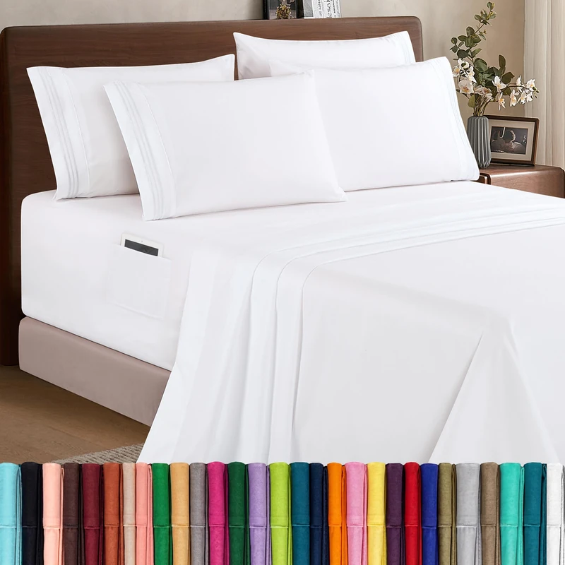 Elegant Comfort 1500 Premium Quality 4-Piece Bed Sheet Set - 18-24 Inch Extra Deep Pocket, Smart Storage Pockets, Wrinkle Free Ultra Soft 4PC Extra Deep Pocket Sheets, Twin/Twin XL, White