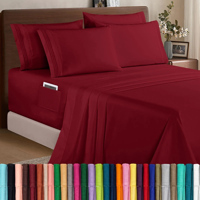 Elegant Comfort 6 Piece Bed Sheets Set 1500 Thread Count Ultra Soft 18-24 Inch Extra Deep Pocket Smart Storage Pockets, Wrinkle Resistant, California King, Burgundy