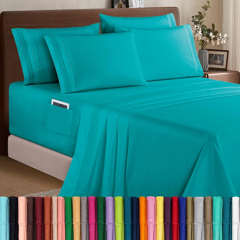 Elegant Comfort 6 Piece Bed Sheets Set Ultra Soft 1500 Thread Count Extra Deep Pocket 18-24 Inch Bed Sheets with Smart Storage Pockets, Wrinkle Resistant, King, Turquoise