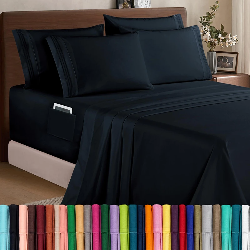 Elegant Comfort 1500 Premium Quality 6-Piece Bed Sheet Set - 18-24 Inch Extra Deep Pocket, Smart Storage Pockets, Wrinkle Free Ultra Soft 6PC Extra Deep Pocket Sheets, King, Black