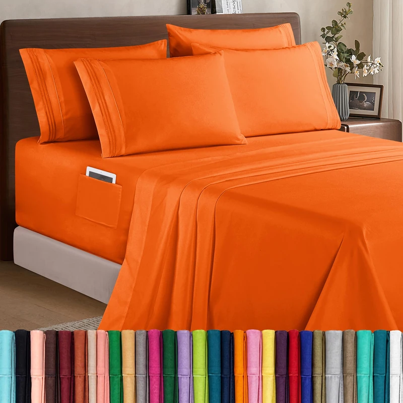 Elegant Comfort 1500 Premium Quality 6-Piece Bed Sheet Set - 18-24 Inch Extra Deep Pocket, Smart Storage Pockets, Wrinkle Free Ultra Soft 6PC Extra Deep Pocket Sheets, King, Orange