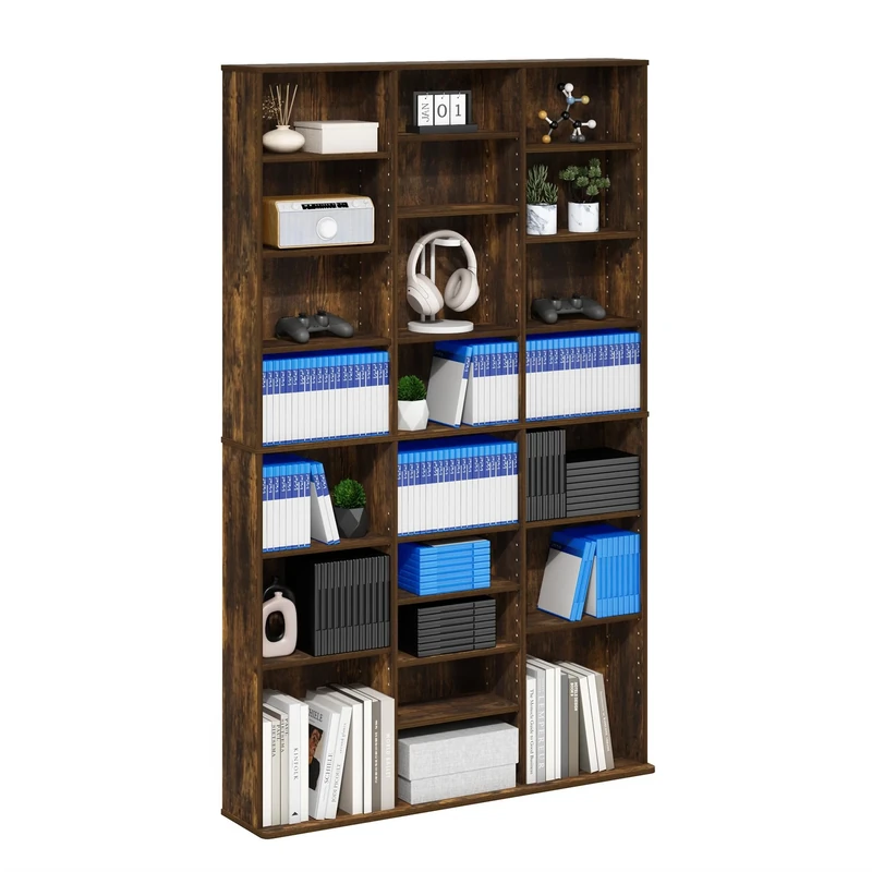 Furinno JAYA DVD Storage Unit, 24-Shelf Wide Media Storage Shelf with Adjustable Shelves, 8 x 3 Tall Bookcase for CD Blueray Game Disc, Easy Assembly, for Living Room, Home Office, Amber Pine