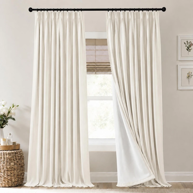 90 Inch Pinch Pleated Blackout Linen Curtains for Bedroom, Cream Natural Flax Fabric Floor to Ceiling Decorative Wall Curtains Track Mount, Thermal Insulated Pleat Drapes for Living Room 42x90 Long
