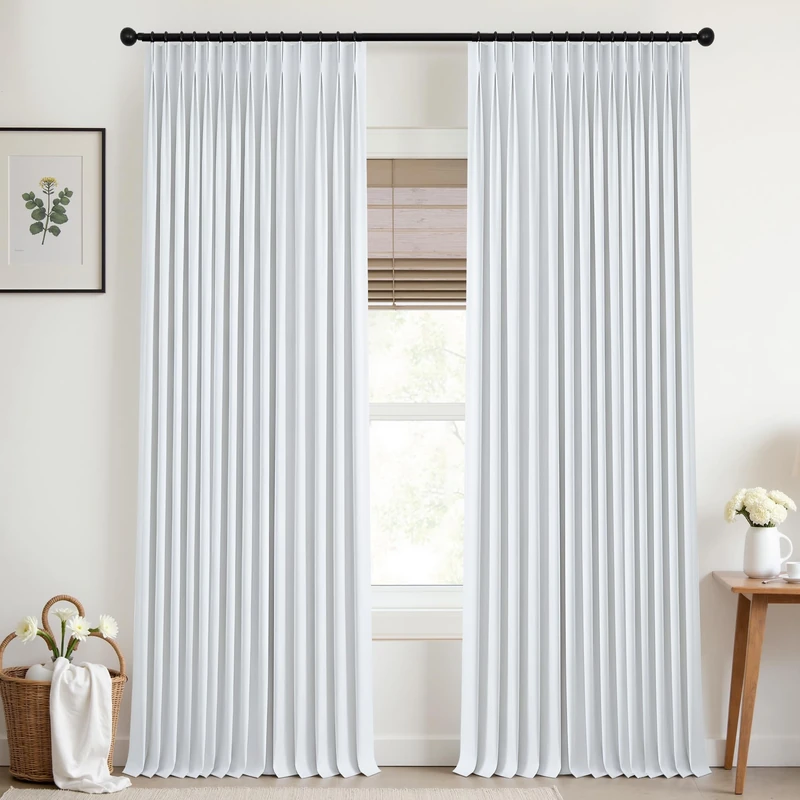 Mrs.Naturall White Pinch Pleated Linen Blackout Curtains,42x92 Inch Length for Living Room