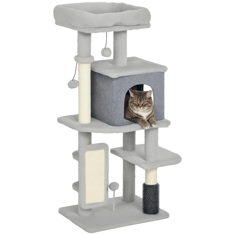PawHut Cat Tree, Play Tower for Cats, Height 104 cm, with Scratching Mat, Cat Bed, Cat House, Platforms, Grooming Brush, Play Balls, Light Grey
